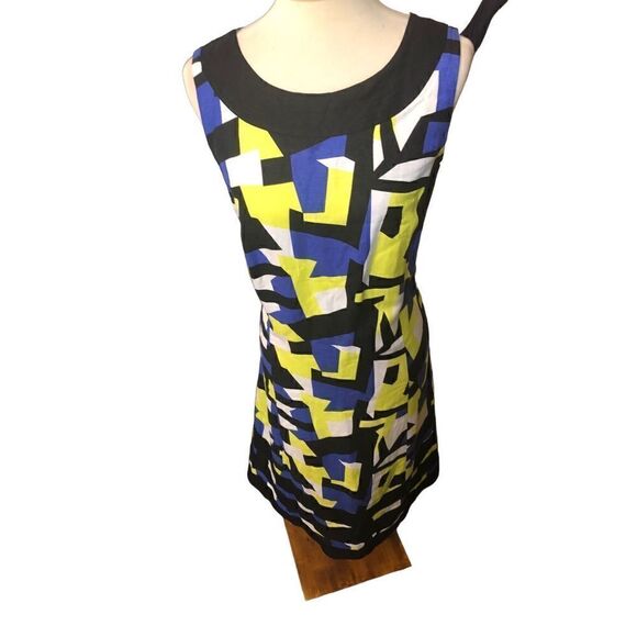 Ashley Stewart linen blend A line midi geometric design blue, yellow and black s - Picture 3 of 13